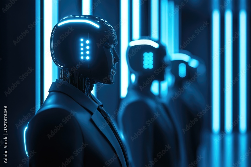Poster group of artificial figures with illuminated facial features