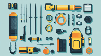 Set of flat elements for spearfishing diving underwater protective sea diver equipment vector professional hunter tools.