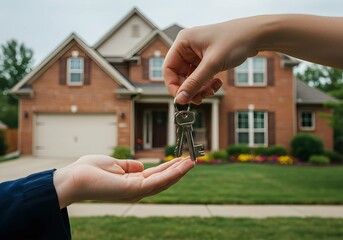 Hands Passing Keys in Front of House – Symbol of Transition and Hope