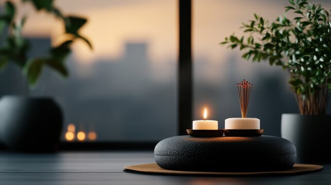 yoga day celebration, a serene yoga area, complete with a meditation cushion and incense in a softly illuminated room, commemorating international day of yoga text space available