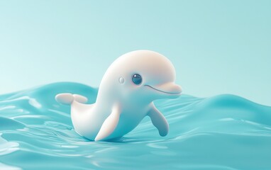 Tiny baby dolphin swimming in a pastel blue ocean