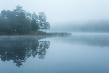 Fototapeta premium A serene lake shrouded in mist, with trees reflecting on the waters surface, Misty mornings over a tranquil lake