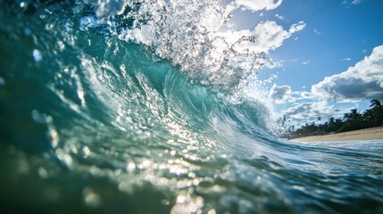 Obraz premium The waves gently crash onto the shore of a sun-drenched beach, where clear blue skies