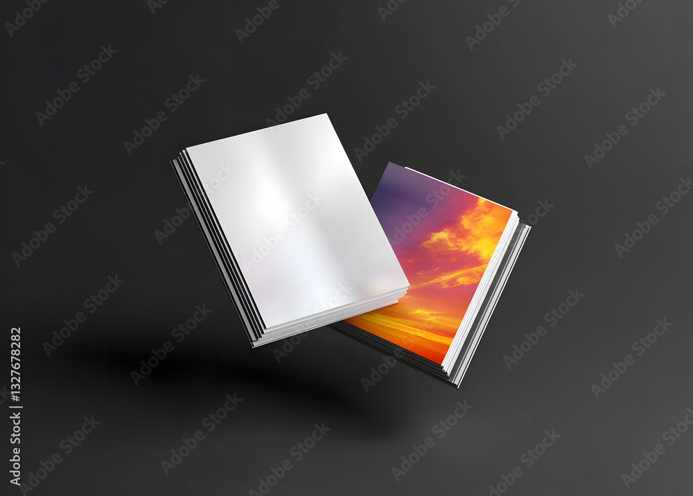 Poster two floating magazine covers mockup on black background with soft shadows. 3d rendering