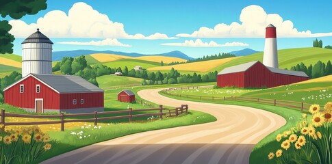 A picturesque illustration shows a farm scene in the countryside setting