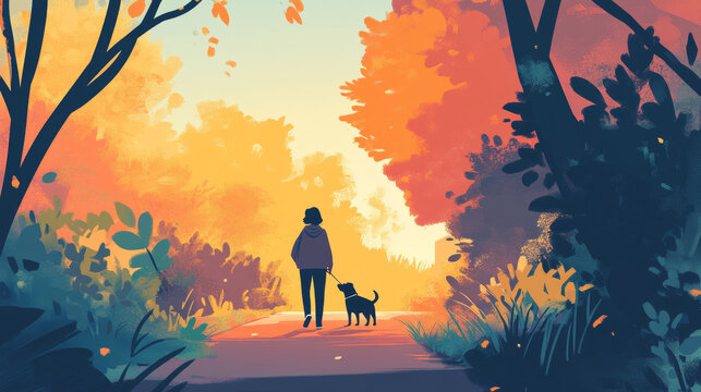 Service home animal walk, outdoor dog urban garden park stroll, outside spend time with domestic creature flat vector illustration.