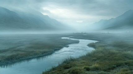 Fototapeta premium Tranquil Misty Landscape with Serene River and Mountains in Fog