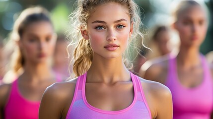Group of Young Women Participating in a Fitness Boot Camp During a Sunny Afternoon in a Park, Showcasing Teamwork and Motivation