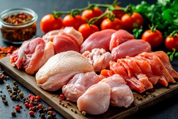 A variety of fresh raw meats including chicken parts are neatly arranged on a wooden cutting board, surrounded by vibrant cherry tomatoes and colorful spices
