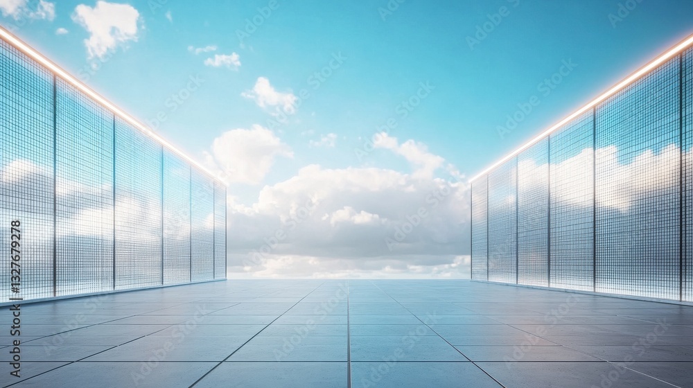 Poster blank open air presentation stage with glowing light between fence and floor and blue sky on backgro