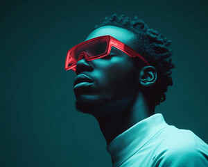 Close-up profile of a young Black man wearing red futuristic glasses against a teal background, showcasing a modern and stylish aesthetic
