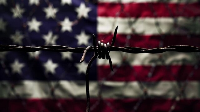 Barbed wire against american flag  a symbol of economic sanctions and restrictions