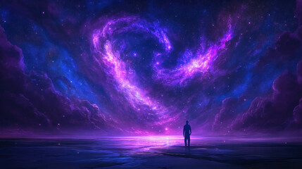 Naklejka premium Enchanting starry night with milky way galaxy and silhouetted figure