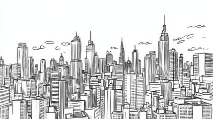 Urban large city landscape, townscape concept town road, megalopolis view cartoon line vector illustration. Cosmopolitan place.