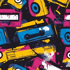 A bold and colorful seamless graffiti pattern featuring classic 80s and 90s elements like cassette tapes, spray paint tags, bubble lettering, and layered street art textures. Neon geometric