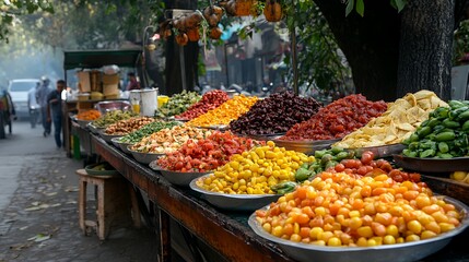 Obraz premium Vibrant Street Market Displaying an Array of Fresh Fruits, Vegetables, and Snacks in a Bustling Urban Setting With Vendors and Customers Enjoying the Lively Atmosphere