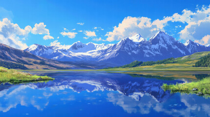Serene mountain lake reflection under clear blue sky for nature and relaxation themes