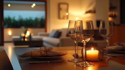 A nice dining table has fancy wine glasses and a candle lit. This makes the room feel warm and cozy. Soft things and a modern couch are in the back, making the space feel welcoming.