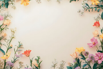 Elegant floral border with vibrant flowers lush greenery on light background. Ideal for decorative designs wedding invitations or romantic designs valentines day, mother's day, women's day