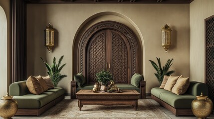 A Moroccan-style living room with a soft beige backdrop and dark wooden accents