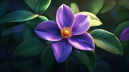 Vibrant Purple Flower with Detailed Petals and Yellow Center Surrounded by Green Leaves in a N