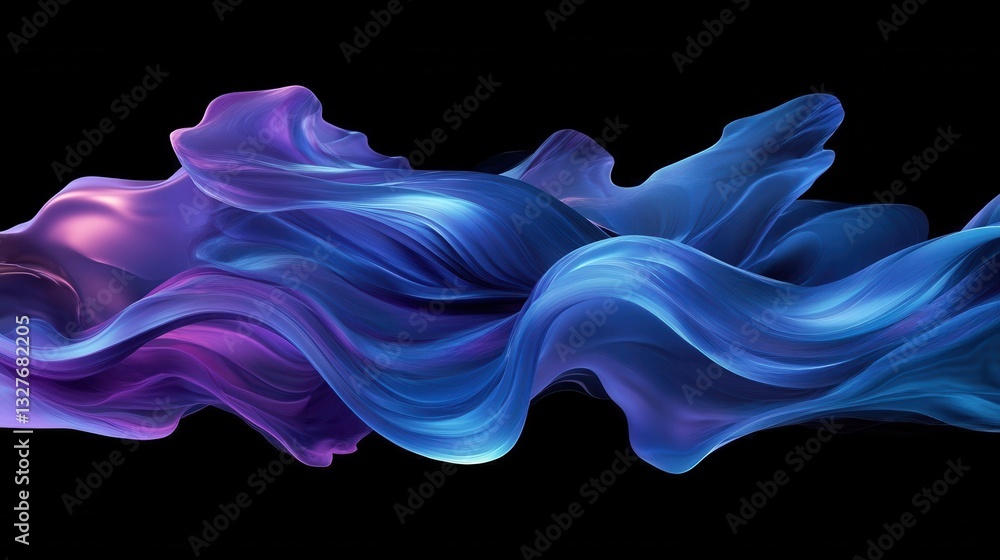 Poster dynamic abstract waves in vibrant blue and purple tones on a black background, showcasing depth and 