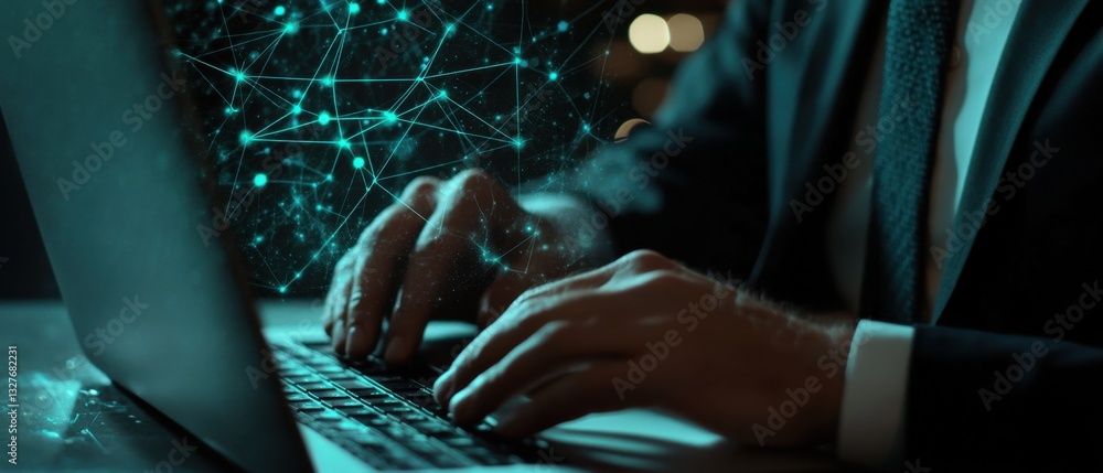 Poster a businessman typing on his laptop with digital connections and data flow visualizations overlaying 