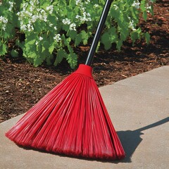 Red Push Broom Cleaning Outdoor Patio Garden
