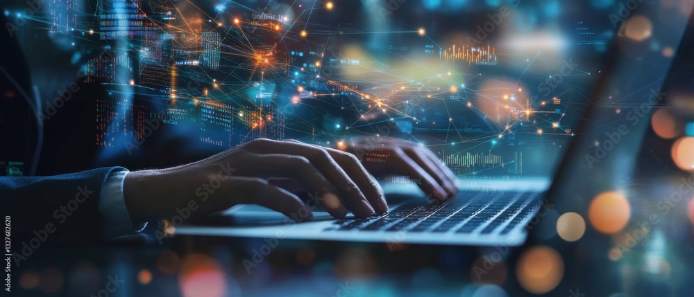 Poster business professional typing on laptop, surrounded by digital connections and data streams represent
