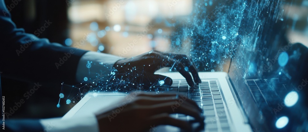 Poster a business professional typing on a laptop, surrounded by digital connections and data points in the