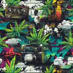 A high-energy urban graffiti design with hip-hop and cannabis influences, featuring street-style lettering, old-school boomboxes, and breakdance figures alongside glowing green cannabis leaves