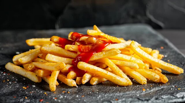 Heinz ketchup bottle drips sauce on a mound of crispy french fries, creating a tasty delight.