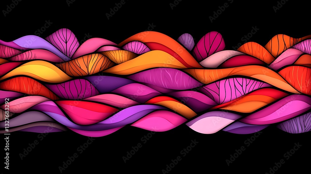 Poster vibrant abstract wavy pattern with layered textures on a black background