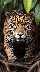Obraz premium Stunning Close-Up of a Majestic Jaguar in Rainforest Habitat Surrounded by Dense Green Foliage and Roots Showcasing Wild Beauty and Power in Natural Environment
