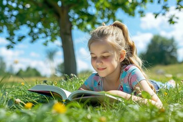A young woman lounging in a grassy field under a tree, engrossed in a book on a sunny day.