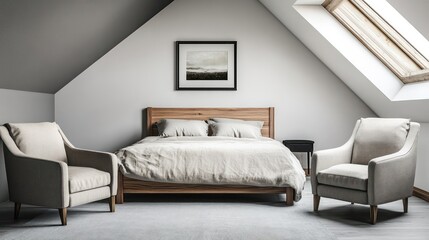 A peaceful Scandinavian attic bedroom bathed in natural light from a skylight