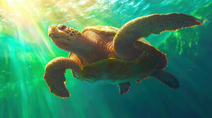 Obraz premium Wise old sea turtle with barnacles in ocean waters
