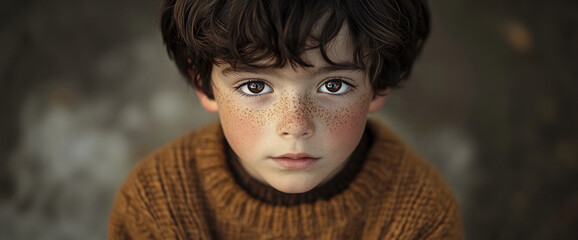 Close-up portrait of a freckled boy with brown hair and eyes, wearing a brown sweater. The image conveys innocence, childhood, and natural beauty.
