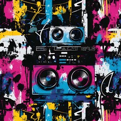 A high-energy seamless graffiti pattern incorporating hip-hop elements like boomboxes, turntables, and street-style tags. Neon and primary colors contrast against dark urban textures, with grunge