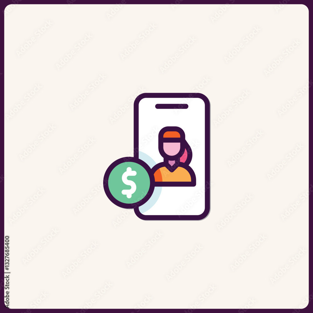 Poster illustration displaying mobile banking transaction with user avatar and currency symbol