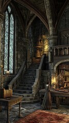 Fototapeta premium A grand medieval room with stone steps and a person