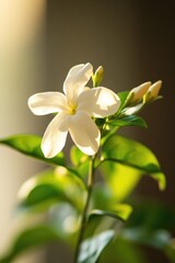Close-up shot of a white flower with green leaves, ideal for use in botanical or floral designs
