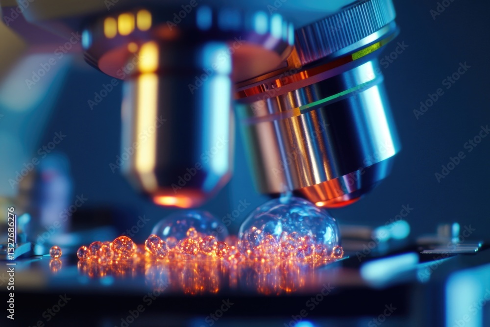 Poster close-up image of a microscope showing a cluster of small beads
