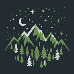 Obraz premium Nighttime Mountain Forest Landscape with Stars and Moon