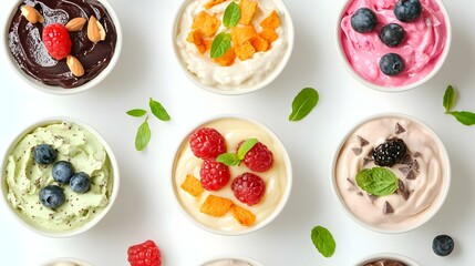 Variety of Flavored Yogurt Bowls Isolated on White Background