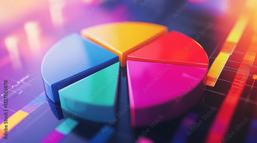 Poster vibrant abstract asset allocation, a dynamic blend of colorful pie charts and graphs illustrating st