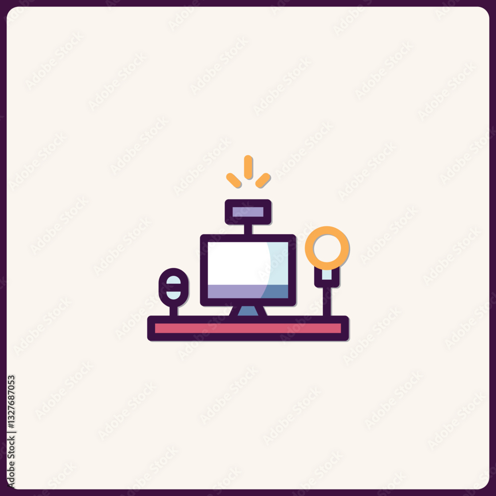 Poster stylized workspace icon featuring a computer, microphone, and light source
