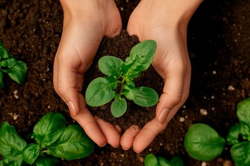 Two hands cradle a young green plant, surrounded by rich soil, as the vibrant leaves of other plants provide a backdrop. This moment captures the beauty of gardening