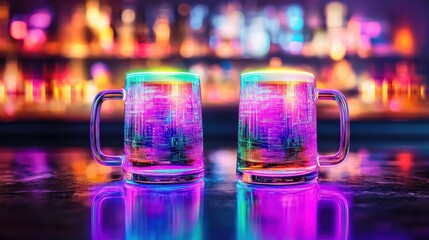NATIONAL BEER DAY style. Vibrant glasses of colorful drinks on a reflective surface.