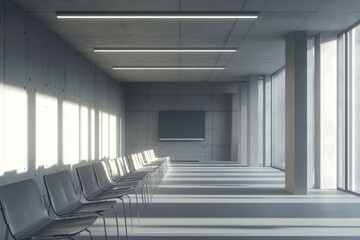 Fototapeta premium A row of chairs in a room with large windows, ideal for office or home decor